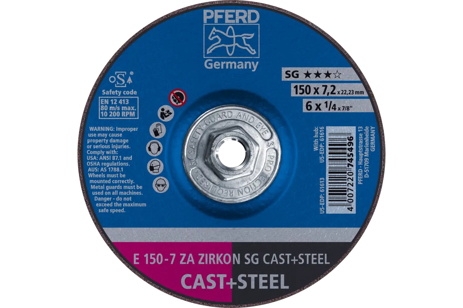 Picture of Pferd Grinding Wheel, 6" X 1/4 X 5/8-11, Zircon Sg Cast+Steel, T27, Za, Ao